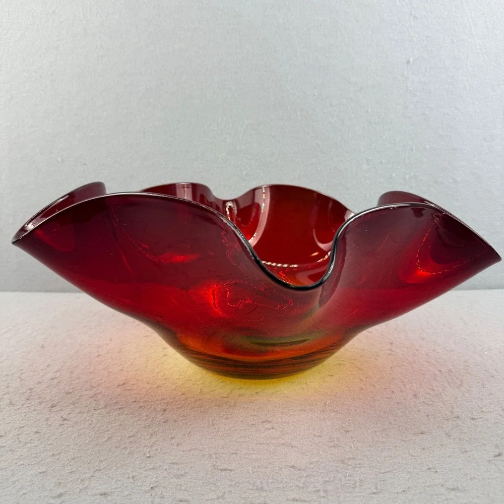 Blenko Tangerine Glass Ruffled Bowl Signed Richard Blenko Retro‎ 2002 MCM
